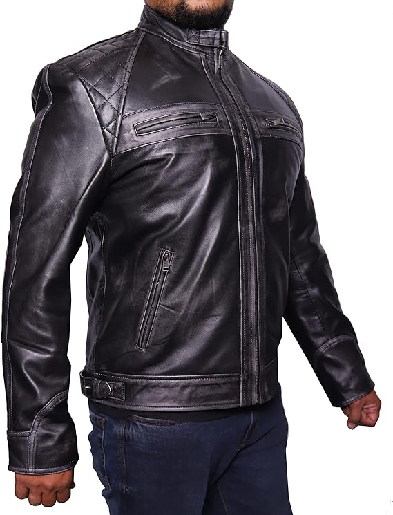 VearFit Rebond Rub Off Vintage Trend Real Leather Jacket Black for Men