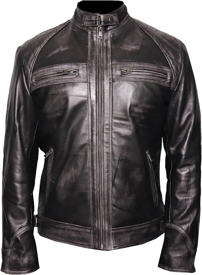 VearFit Rebond Rub Off Vintage Trend Real Leather Jacket Black for Men