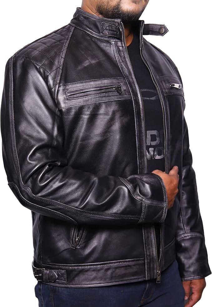 VearFit Rebond Rub Off Vintage Trend Real Leather Jacket Black for Men